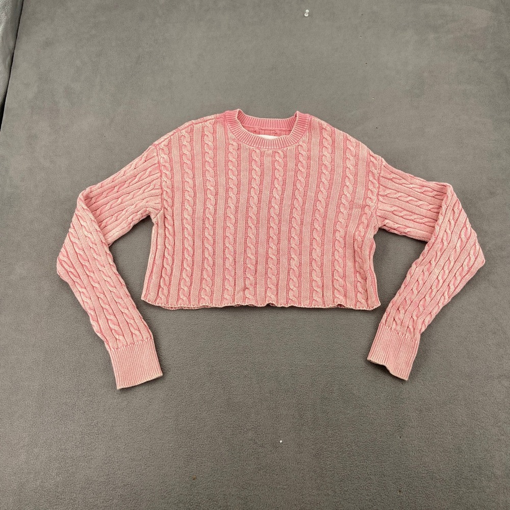 Aerie Pink Cable Knit Cropped Sweater Long Sleeve Crew Neck Small